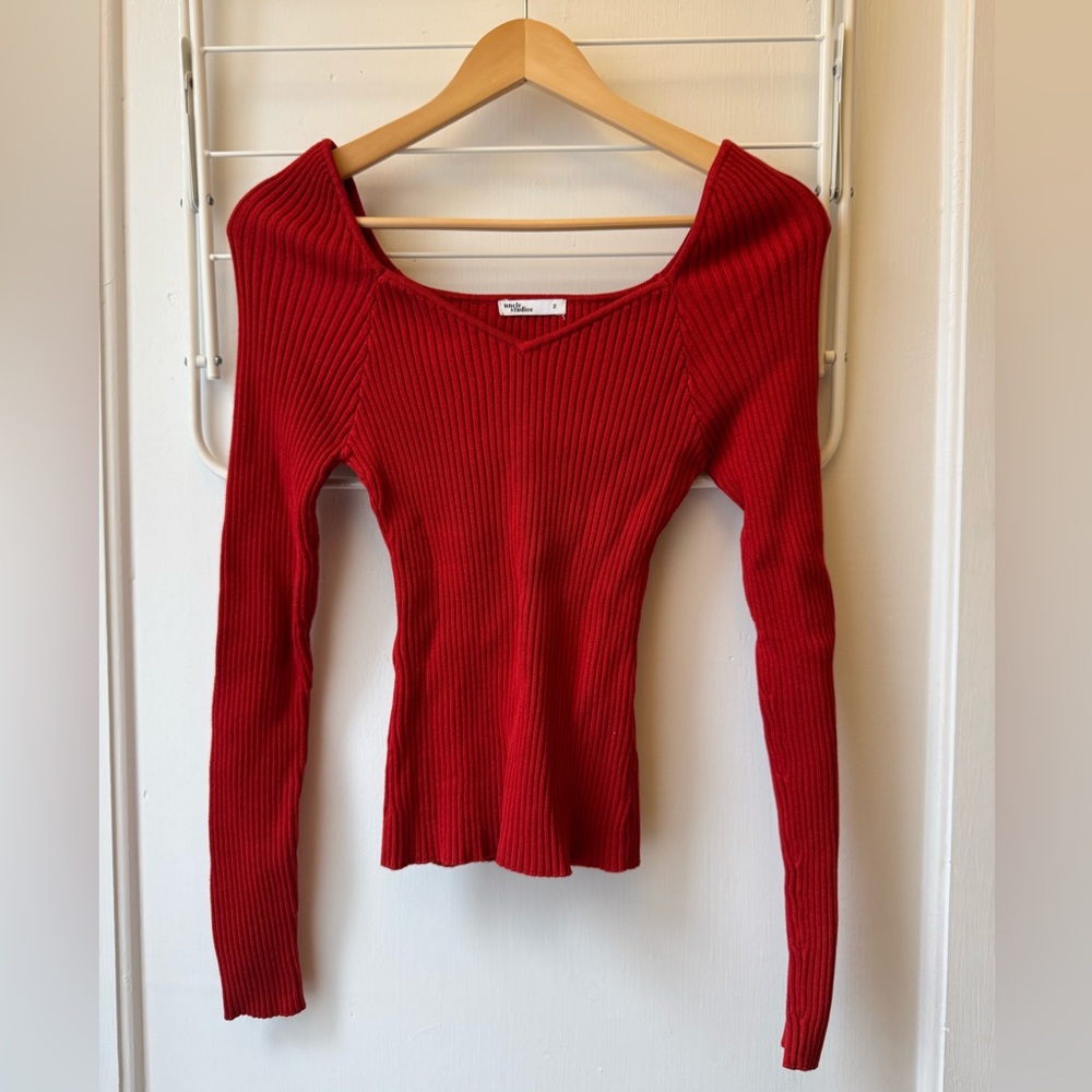 Red Ribbed Long Sleeve Top